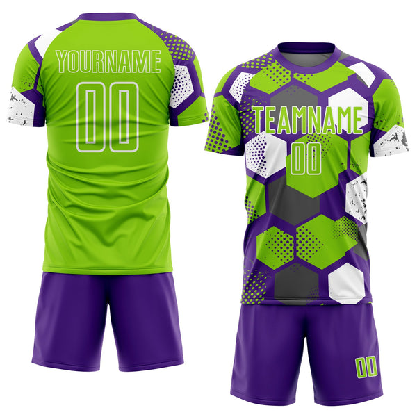 Custom Purple Neon Green-White Geometric Shape Sublimation Soccer Uniform Jersey alternate