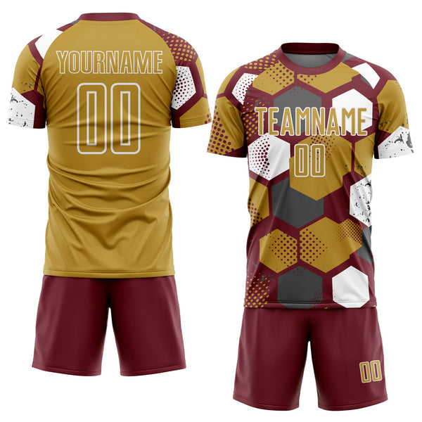 Custom Burgundy Old Gold-White Geometric Shape Sublimation Soccer Uniform Jersey alternate
