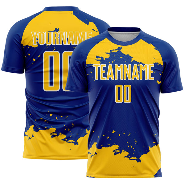 Custom Royal Yellow-White Abstract Fragment Art Sublimation Soccer Uniform Jersey