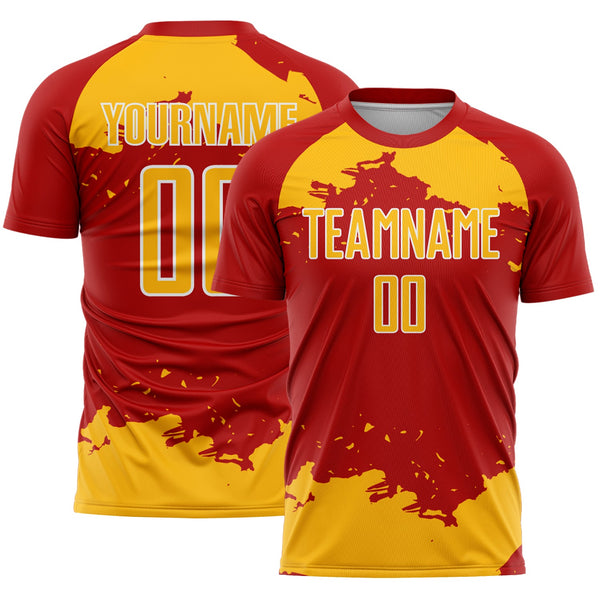 Custom Red Gold-White Abstract Fragment Art Sublimation Soccer Uniform Jersey
