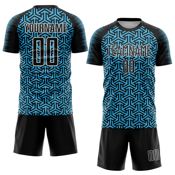 Custom Black Sky Blue-White Geometric Arrow Sublimation Soccer Uniform Jersey alternate