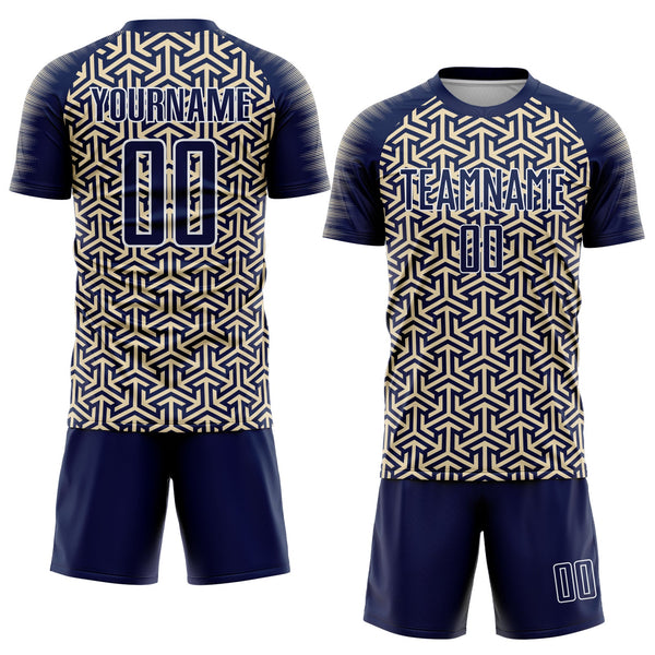 Custom Navy Cream-White Geometric Arrow Sublimation Soccer Uniform Jersey alternate