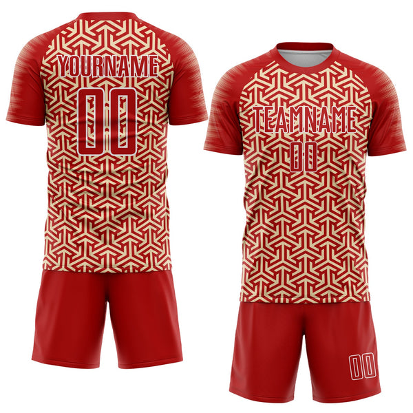 Custom Red Cream-White Geometric Arrow Sublimation Soccer Uniform Jersey alternate