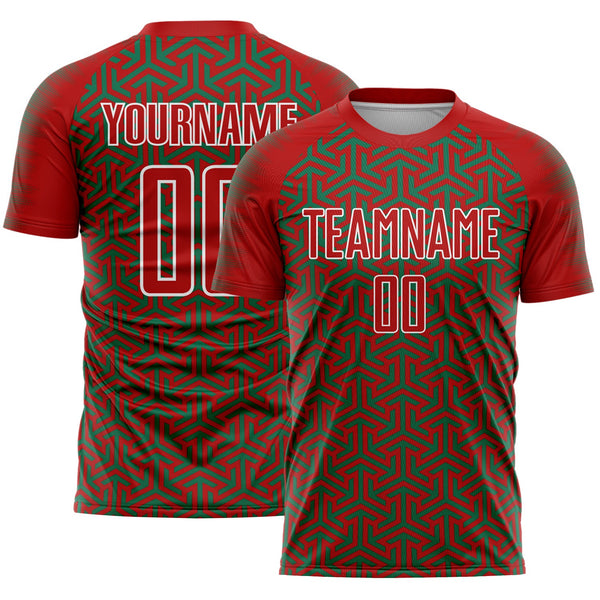 Custom Red Kelly Green-White Geometric Arrow Sublimation Soccer Uniform Jersey