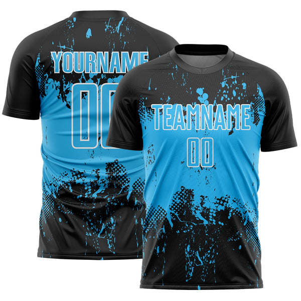 Custom Black Sky Blue-White Abstract Splatter Grunge Art Sports Sublimation Soccer Uniform Jersey