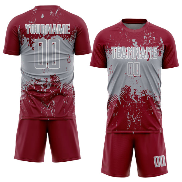 Custom Crimson Gray-White Abstract Splatter Grunge Art Sports Sublimation Soccer Uniform Jersey alternate