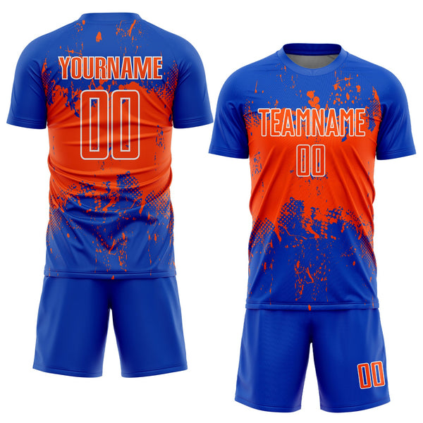Custom Thunder Blue Orange-White Abstract Splatter Grunge Art Sports Sublimation Soccer Uniform Jersey alternate
