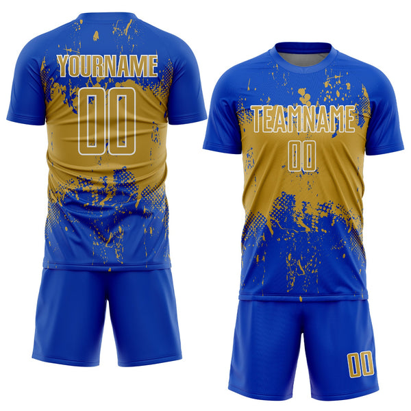 Custom Thunder Blue Old Gold-White Abstract Splatter Grunge Art Sports Sublimation Soccer Uniform Jersey alternate