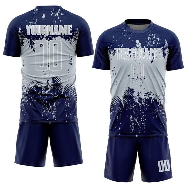 Custom Navy Silver-White Abstract Splatter Grunge Art Sports Sublimation Soccer Uniform Jersey alternate