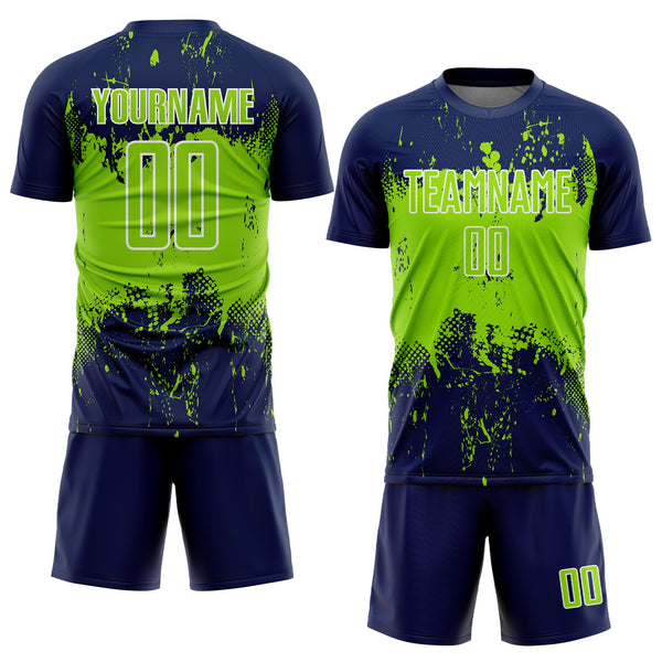 Custom Navy Neon Green-White Abstract Splatter Grunge Art Sports Sublimation Soccer Uniform Jersey alternate