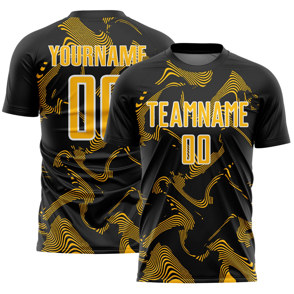 Custom Black Gold-White Curve Lines Sports Sublimation Soccer Uniform Jersey