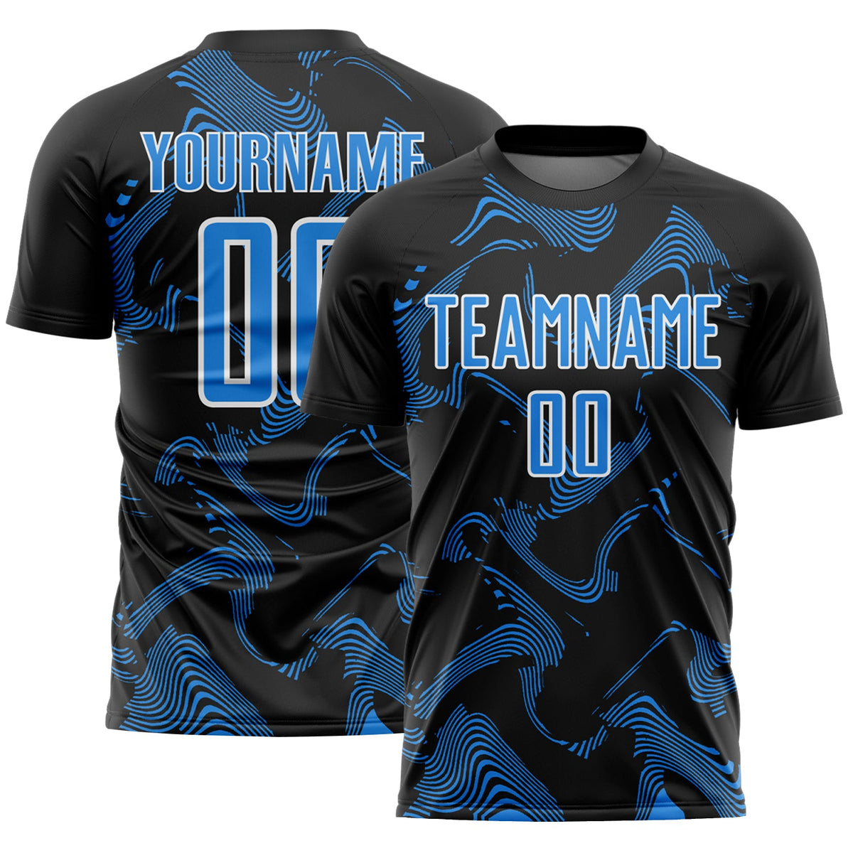 Custom Black Powder Blue-White Curve Lines Sports Sublimation Soccer Uniform Jersey
