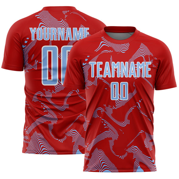 Custom Red Light Blue-White Curve Lines Sports Sublimation Soccer Uniform Jersey