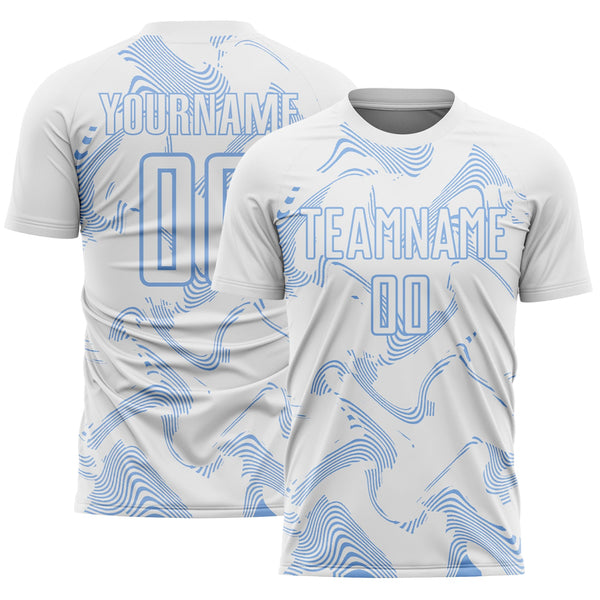 Custom White Light Blue Curve Lines Sports Sublimation Soccer Uniform Jersey