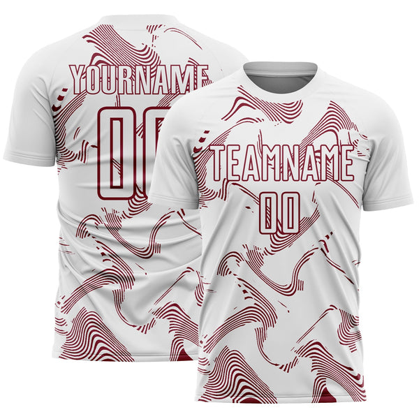 Custom White Crimson Curve Lines Sports Sublimation Soccer Uniform Jersey