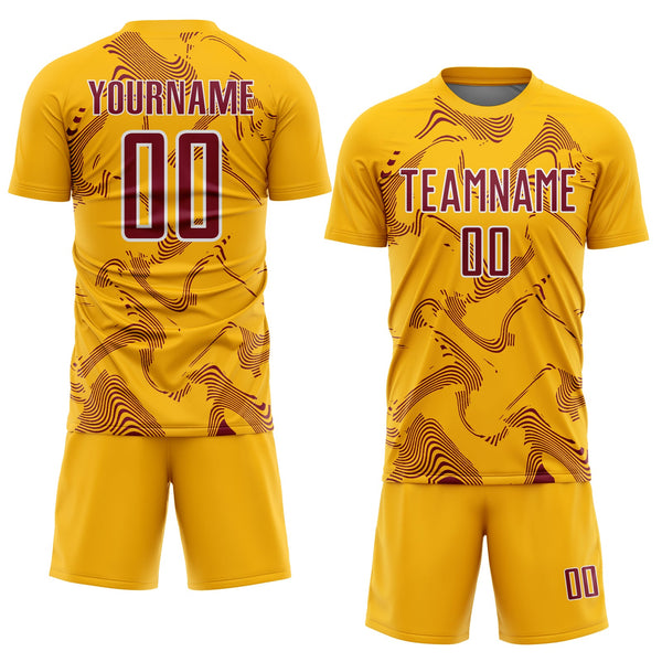 Custom Gold Crimson-White Curve Lines Sports Sublimation Soccer Uniform Jersey alternate