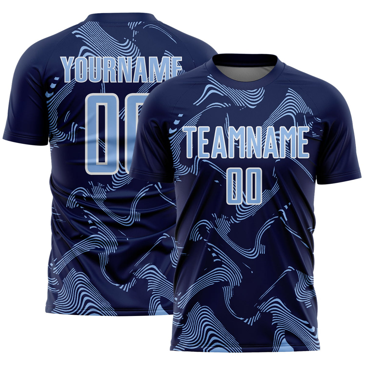 Custom Navy Light Blue-White Curve Lines Sports Sublimation Soccer Uniform Jersey