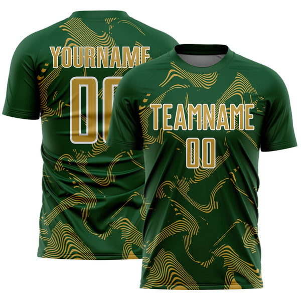 Custom Green Old Gold-White Curve Lines Sports Sublimation Soccer Uniform Jersey