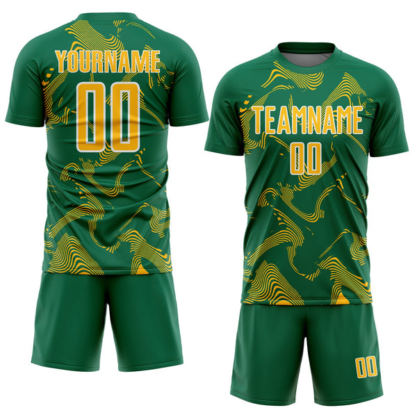 Custom Kelly Green Gold-White Curve Lines Sports Sublimation Soccer Uniform Jersey alternate
