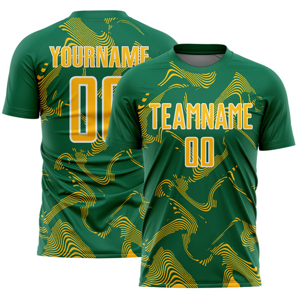 Custom Kelly Green Gold-White Curve Lines Sports Sublimation Soccer Uniform Jersey
