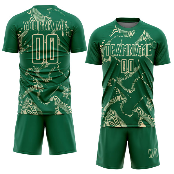 Custom Kelly Green Cream Curve Lines Sports Sublimation Soccer Uniform Jersey alternate