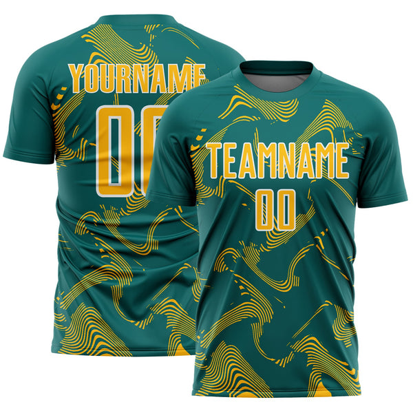 Custom Teal Gold-White Curve Lines Sports Sublimation Soccer Uniform Jersey
