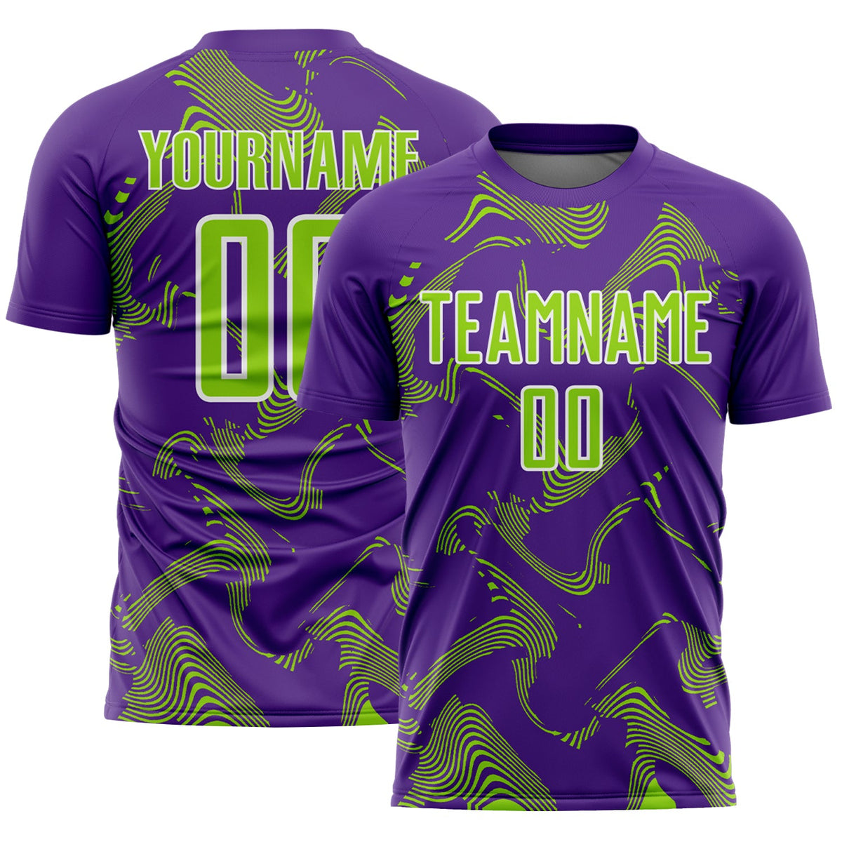 Custom Purple Neon Green-White Curve Lines Sports Sublimation Soccer Uniform Jersey