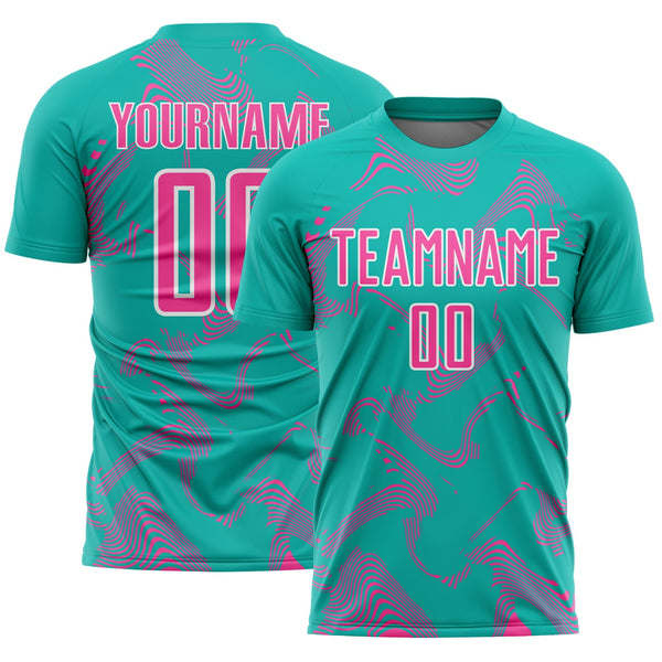 Custom Aqua Pink-White Curve Lines Sports Sublimation Soccer Uniform Jersey