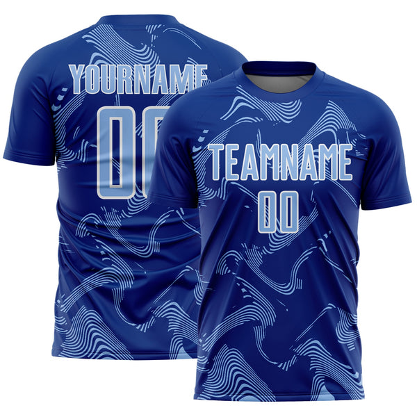 Custom Royal Light Blue-White Curve Lines Sports Sublimation Soccer Uniform Jersey