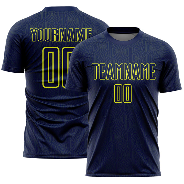 Custom Navy Neon Yellow Geometric Shape Sports Sublimation Soccer Uniform Jersey