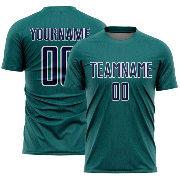 Custom Teal Navy-White Geometric Shape Sports Sublimation Soccer Uniform Jersey