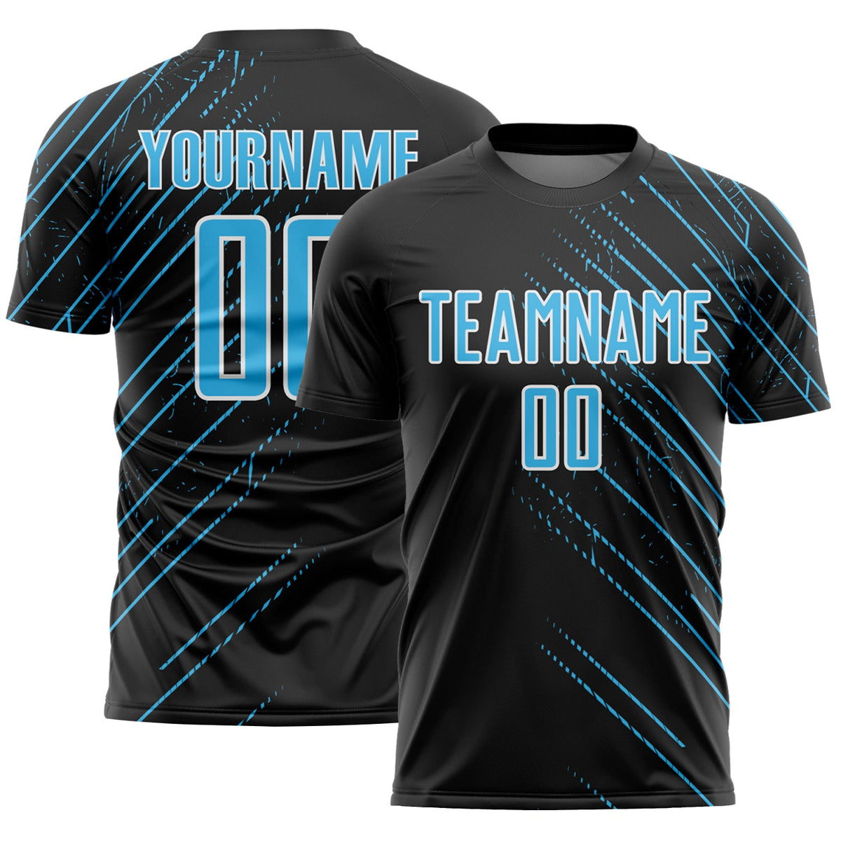 Custom Black Sky Blue-White Lines Sports Sublimation Soccer Uniform Jersey