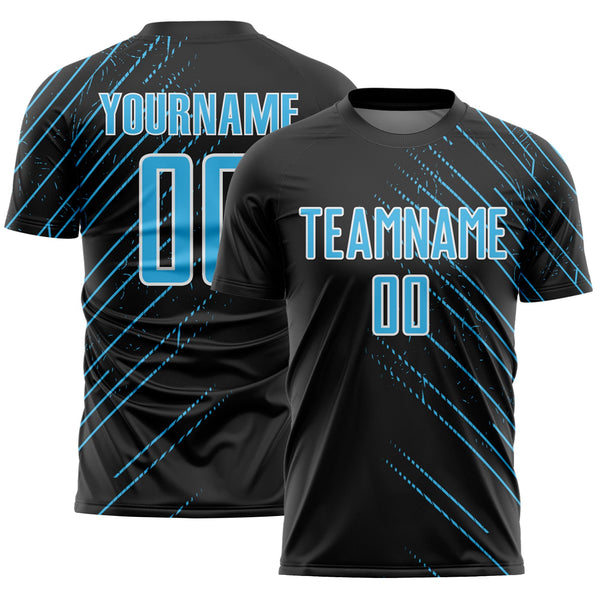 Custom Black Sky Blue-White Lines Sports Sublimation Soccer Uniform Jersey