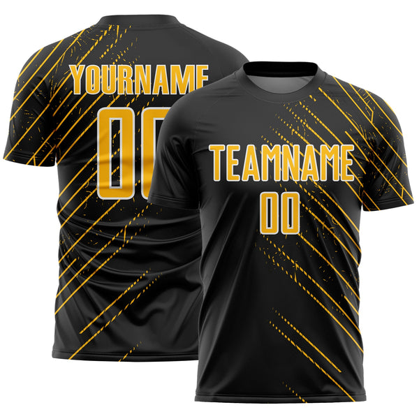 Custom Black Gold-White Lines Sports Sublimation Soccer Uniform Jersey