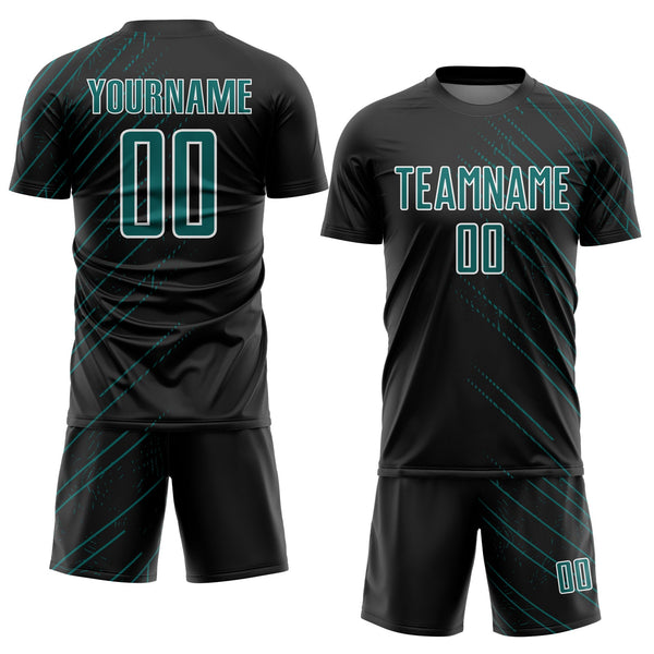 Custom Black Teal-White Lines Sports Sublimation Soccer Uniform Jersey alternate