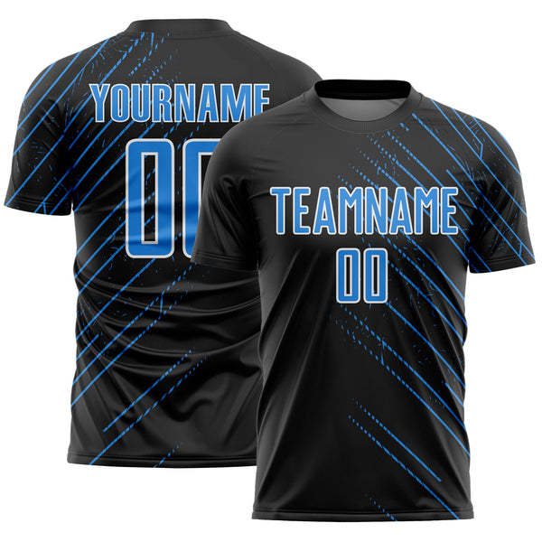 Custom Black Powder Blue-White Lines Sports Sublimation Soccer Uniform Jersey