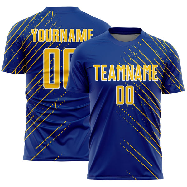 Custom Royal Yellow-White Lines Sports Sublimation Soccer Uniform Jersey