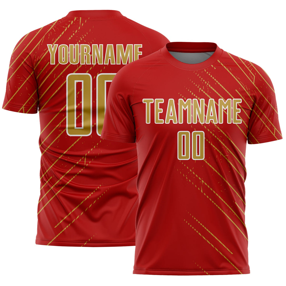 Custom Red Old Gold-White Lines Sports Sublimation Soccer Uniform Jersey