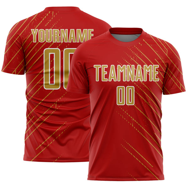 Custom Red Old Gold-White Lines Sports Sublimation Soccer Uniform Jersey