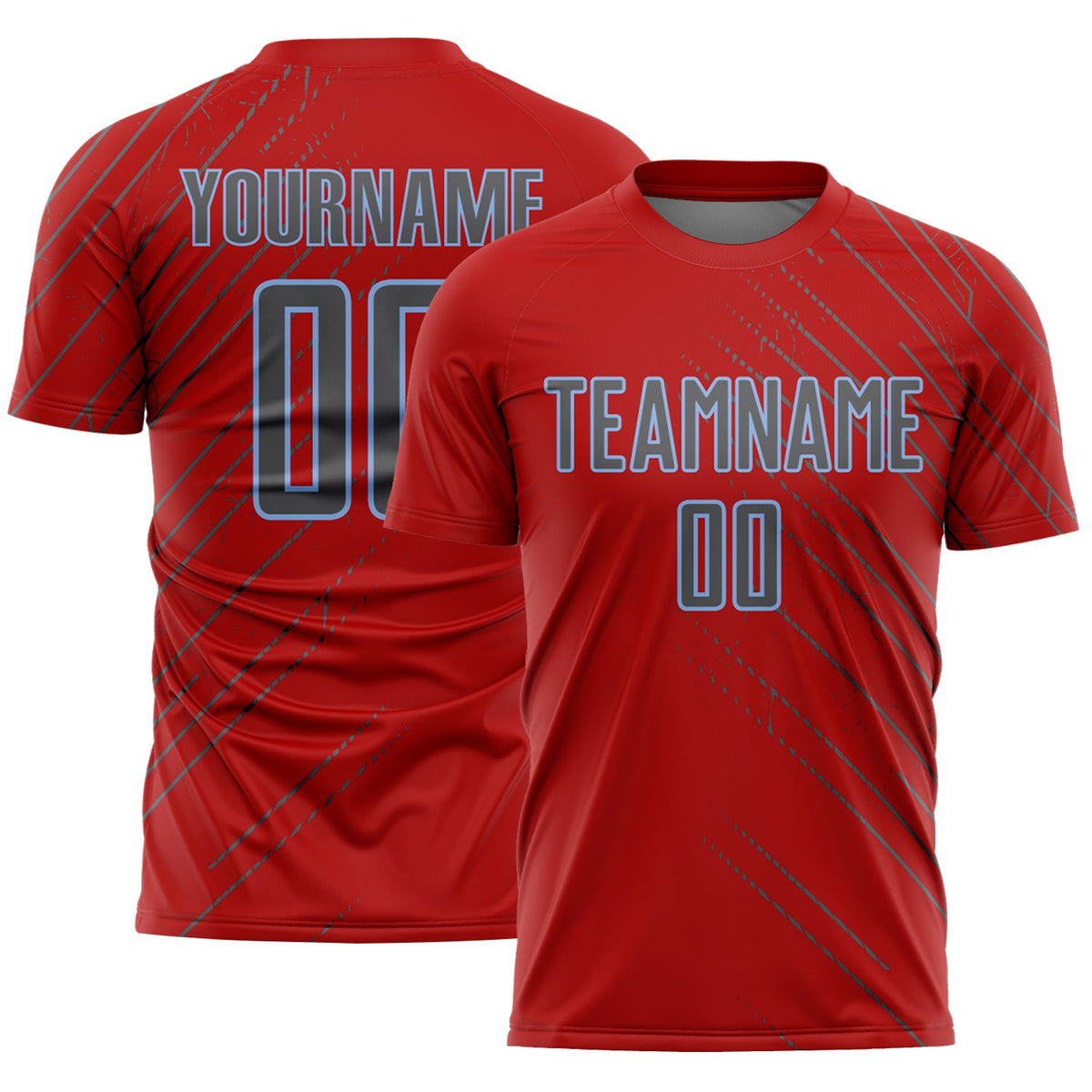 Custom Red Steel Gray-Light Blue Lines Sports Sublimation Soccer Uniform Jersey