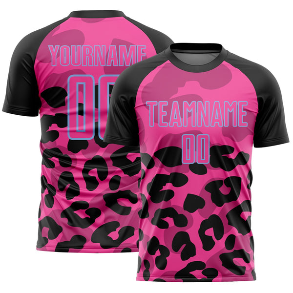 Custom Black Pink-Light Blue Animal Leopard Print Sports Sublimation Soccer Uniform Jersey