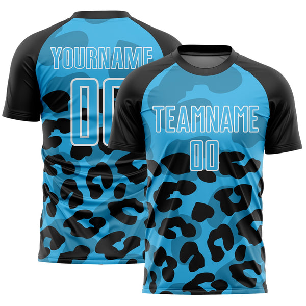 Custom Black Sky Blue-White Animal Leopard Print Sports Sublimation Soccer Uniform Jersey