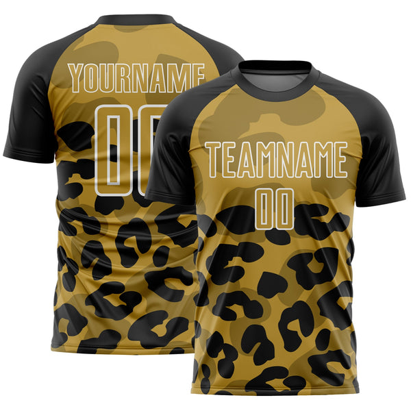 Custom Black Old Gold-White Animal Leopard Print Sports Sublimation Soccer Uniform Jersey