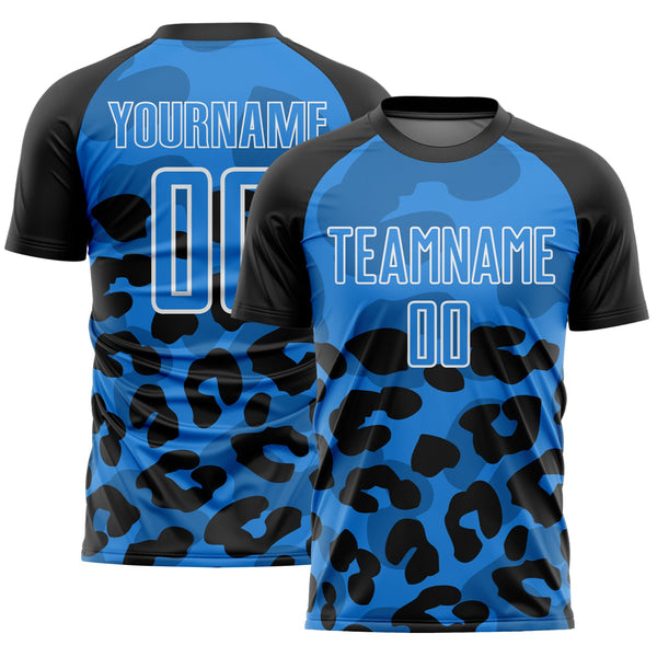 Custom Black Powder Blue-White Animal Leopard Print Sports Sublimation Soccer Uniform Jersey