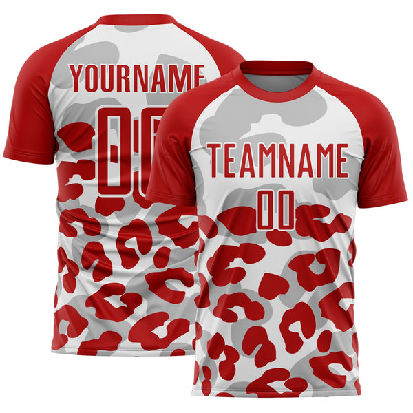 Custom Red White Animal Leopard Print Sports Sublimation Soccer Uniform Jersey
