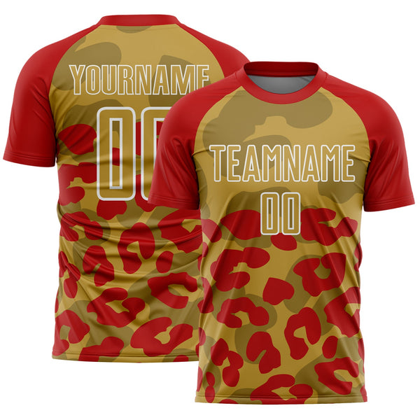 Custom Red Old Gold-White Animal Leopard Print Sports Sublimation Soccer Uniform Jersey