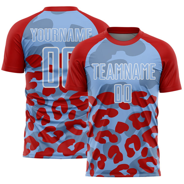 Custom Red Light Blue-White Animal Leopard Print Sports Sublimation Soccer Uniform Jersey