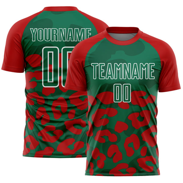 Custom Red Kelly Green-White Animal Leopard Print Sports Sublimation Soccer Uniform Jersey