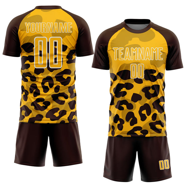 Custom Brown Gold-White Animal Leopard Print Sports Sublimation Soccer Uniform Jersey alternate