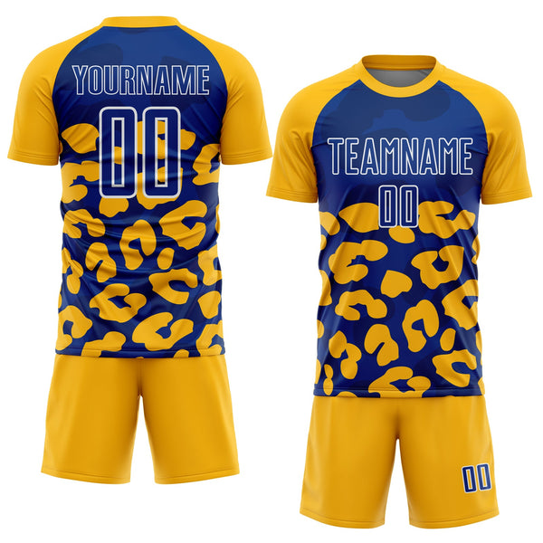 Custom Gold Royal-White Animal Leopard Print Sports Sublimation Soccer Uniform Jersey alternate